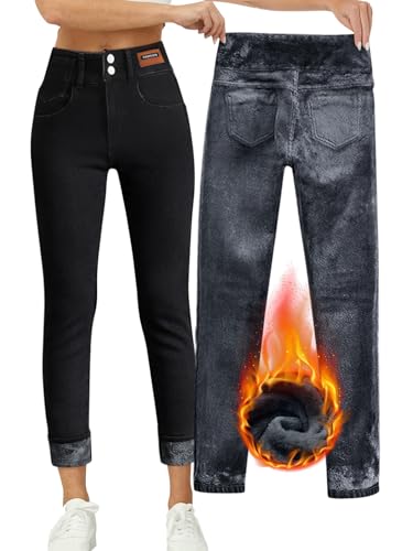 Onsoyours Thermo Jeans Damen Jeggings Stretch High Waist Skinny Jeans Winter Fleece Gefütterte Denim Thermohose Dicke Thermojeans A Schwarz XS von Onsoyours