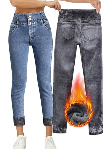 Onsoyours Thermo Jeans Damen Jeggings Stretch High Waist Skinny Jeans Winter Fleece Gefütterte Denim Thermohose Dicke Thermojeans B Blau XL von Onsoyours