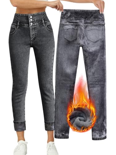 Onsoyours Thermo Jeans Damen Jeggings Stretch High Waist Skinny Jeans Winter Fleece Gefütterte Denim Thermohose Dicke Thermojeans B Grau M von Onsoyours