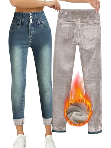 Onsoyours Thermo Jeans Damen Jeggings Stretch High Waist Skinny Jeans Winter Fleece Gefütterte Denim Thermohose Dicke Thermojeans C Blau XL von Onsoyours
