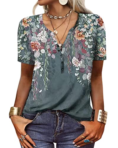 Onsoyours Tops Damen Kurzarm V-Ausschnitt Tshirts Mehrfarbig Freizeit Tunika Oberteile Bedruckte Bluse Damen Elegant Lässige Hemd Knopfleiste Grün L von Onsoyours