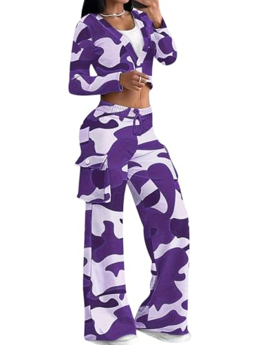 Onsoyours Traingsanzug Damen Jogginganzug Camouflage Pullover Lange Ärmel Top + Hose Sportanzug 2 Stück Freizeitanzug Activewear für Frauen A Violett M von Onsoyours