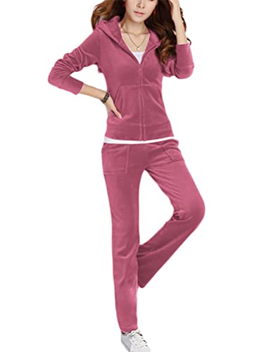 Onsoyours Trainingsanzug Damen Hausanzug Set Jogginganzug Velours Samt Sportanzug Freizeitanzug 2 Teilig Kapuzenjacke Langarm Zipper Lange Sporthose für Frühling BraunViolett M von Onsoyours