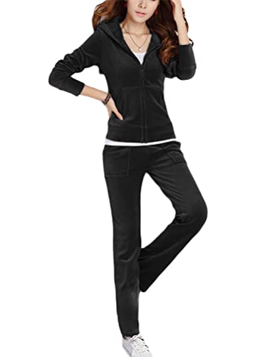 Onsoyours Trainingsanzug Damen Hausanzug Set Jogginganzug Velours Samt Sportanzug Freizeitanzug 2 Teilig Kapuzenjacke Langarm Zipper Lange Sporthose für Frühling Schwarz S von Onsoyours