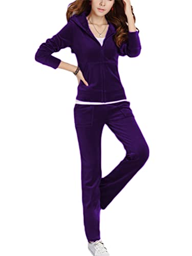 Onsoyours Trainingsanzug Damen Hausanzug Set Jogginganzug Velours Samt Sportanzug Freizeitanzug 2 Teilig Kapuzenjacke Langarm Zipper Lange Sporthose für Frühling Violett L von Onsoyours