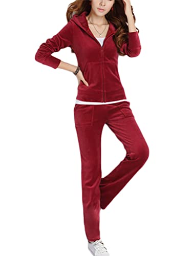 Onsoyours Trainingsanzug Damen Hausanzug Set Jogginganzug Velours Samt Sportanzug Freizeitanzug 2 Teilig Kapuzenjacke Langarm Zipper Lange Sporthose für Frühling Weinrot S von Onsoyours