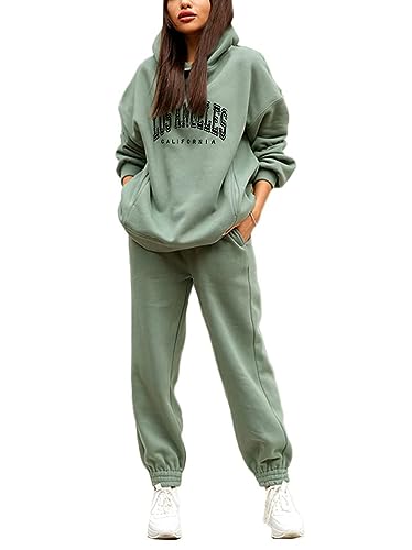 Onsoyours Trainingsanzug Damen Jogginganzug Sweatshirt-Jogginghose Sportanzug Sportswear Hausanzug Freizeitanzug Hosenanzug Fitnessanzug Running Sportswear Tops-Hosen Sets D Grün XXL von Onsoyours