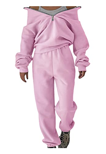 Onsoyours Trainingsanzug Damen Jogginganzug Sweatshirt-Jogginghose Sportanzug Sportswear Hausanzug Freizeitanzug Hosenanzug Fitnessanzug Running Sportswear Tops-Hosen Sets E Rosa XS von Onsoyours