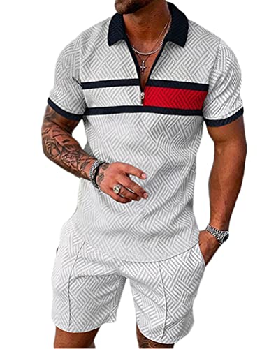 Onsoyours Trainingsanzug für Herren Sommer Sportanzug 2 Teiliges Bedruckter Outfit Set Kurzarm Casual Polo T-Shirts mit Revers + Kurze Hose Freizeitanzug für Männer A38 XS von Onsoyours