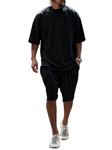 Onsoyours Trainingsanzug für Herren Sommer Sportanzug 2 Teiliges Outfit Sport Set Kurzarm T-Shirts + Kurze Hose Sets Freizeitanzug Männer Business Revers Hemd und Shorts C Schwarz XL von Onsoyours