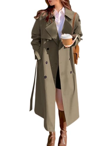 Onsoyours Trenchcoat Damen Elegant Jacke Revers Zweireiher Langer Mantel Windjacke Trenchcoat Übergangsmantel Einfarbig mit Gürtel A Armeegrün XXL von Onsoyours