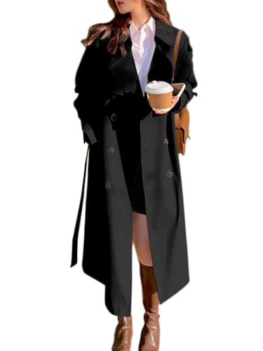 Onsoyours Trenchcoat Damen Elegant Jacke Revers Zweireiher Langer Mantel Windjacke Trenchcoat Übergangsmantel Einfarbig mit Gürtel A Schwarz XS von Onsoyours