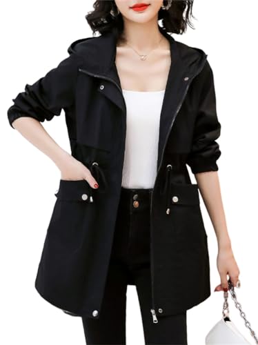 Onsoyours Trenchcoat Damen Elegante Schlanke Übergangsmantel Langer Mantel Winddichter Jacke Reißverschluss Wintermantel Einfarbig mit Kapuze Windjacke mit Taschen A Schwarz XS von Onsoyours