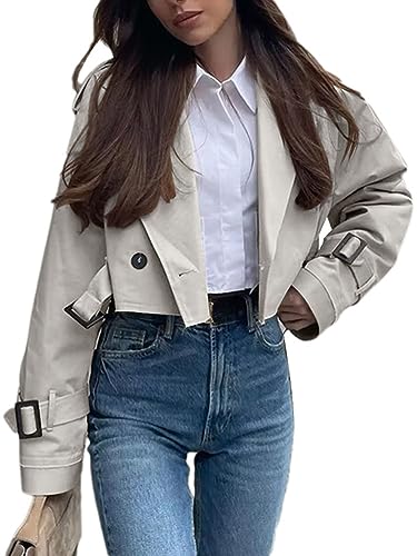 Onsoyours Trenchcoat Kurze Damen Revers Zweireiher Cropped Windjacke Mantel Klassische Einfarbig Herbst Frühling Jacke Winddichter Übergangsmantel A Beige XS von Onsoyours