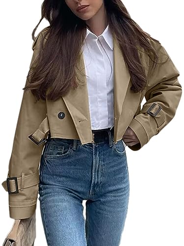 Onsoyours Trenchcoat Kurze Damen Revers Zweireiher Cropped Windjacke Mantel Klassische Einfarbig Herbst Frühling Jacke Winddichter Übergangsmantel A Braun L von Onsoyours