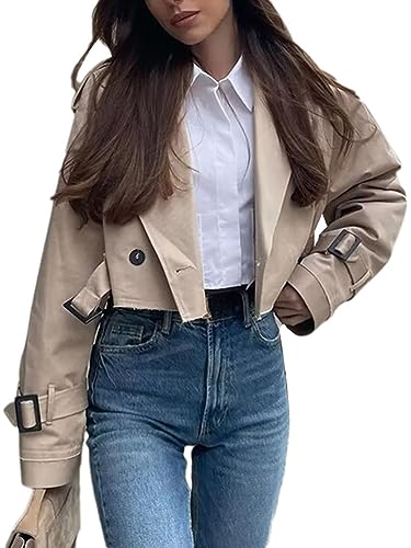 Onsoyours Trenchcoat Kurze Damen Revers Zweireiher Cropped Windjacke Mantel Klassische Einfarbig Herbst Frühling Jacke Winddichter Übergangsmantel A Khaki L von Onsoyours