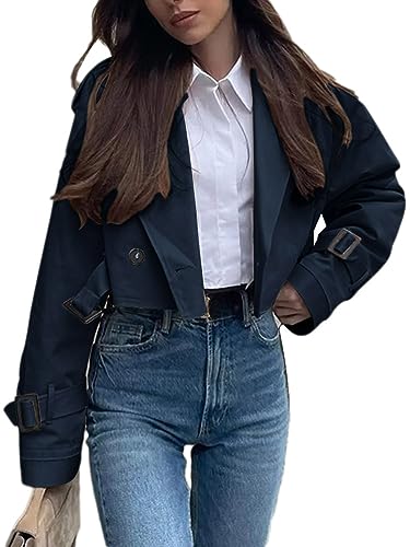 Onsoyours Trenchcoat Kurze Damen Revers Zweireiher Cropped Windjacke Mantel Klassische Einfarbig Herbst Frühling Jacke Winddichter Übergangsmantel A Marine XS von Onsoyours