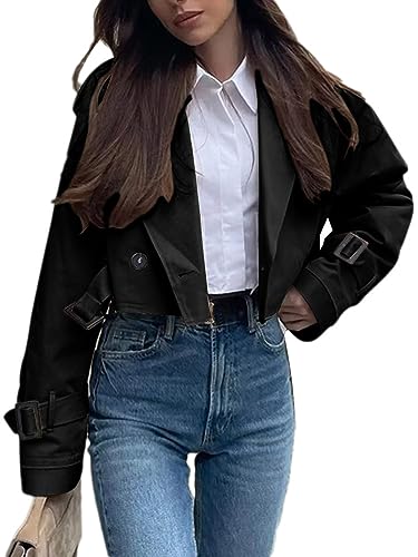 Onsoyours Trenchcoat Kurze Damen Revers Zweireiher Cropped Windjacke Mantel Klassische Einfarbig Herbst Frühling Jacke Winddichter Übergangsmantel A Schwarz M von Onsoyours