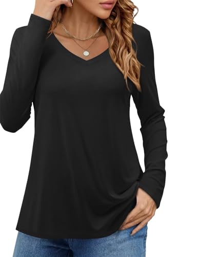 Onsoyours Tshirt Damen Elegant V Ausschnitt Langarm Oberteile Lässig Basic Tunika Longshirt A Schwarz XL von Onsoyours