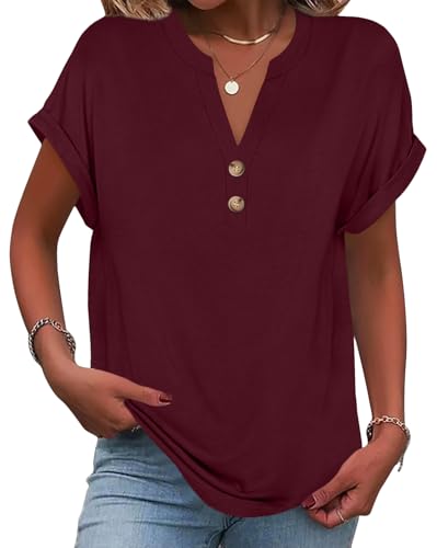 Onsoyours Tshirt Damen Kurzarm V-Ausschnitt T-Shirts Sommer Knopfleiste Oberteile Locker Lässig Shirt A Burgunderrot XXL von Onsoyours