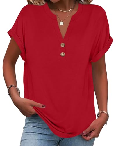 Onsoyours Tshirt Damen Kurzarm V-Ausschnitt T-Shirts Sommer Knopfleiste Oberteile Locker Lässig Shirt A Rot XXL von Onsoyours