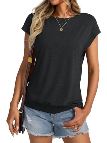 Onsoyours Tshirt Damen Rundhals Flügelärmel T-Shirt Sommer Oberteile Casual Basic Top A Schwarz L von Onsoyours