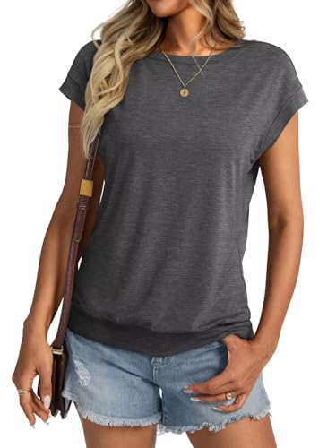 Onsoyours Tshirt Damen Rundhals Flügelärmel T-Shirt Sommer Oberteile Casual Basic Top A Dunkelgrau XL von Onsoyours