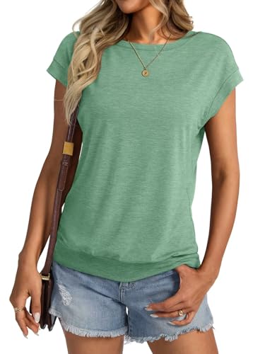 Onsoyours Tshirt Damen Rundhals Flügelärmel T-Shirt Sommer Oberteile Casual Basic Top A Grasgrün XL von Onsoyours