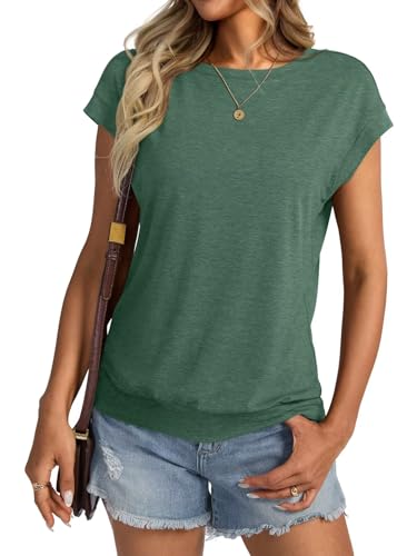 Onsoyours Tshirt Damen Rundhals Flügelärmel T-Shirt Sommer Oberteile Casual Basic Top A Grün XL von Onsoyours