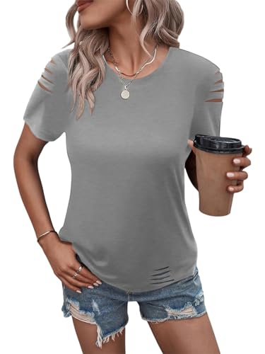 Onsoyours Tshirt Damen Rundhals Sommer Oberteil Casual Kurzarm Basic Top A Hellgrau XL von Onsoyours