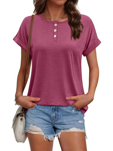 Onsoyours Tshirt Damen Rundhals Sommer Oberteile Kurzarm Basic Tops mit Knopf A Weinrot M von Onsoyours