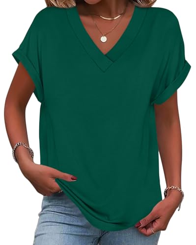 Onsoyours Tshirt Damen V-Ausschnitt Kurzarm T-Shirt Sommer Locker Oberteile Elegant Lässig Shirt A Grün XL von Onsoyours