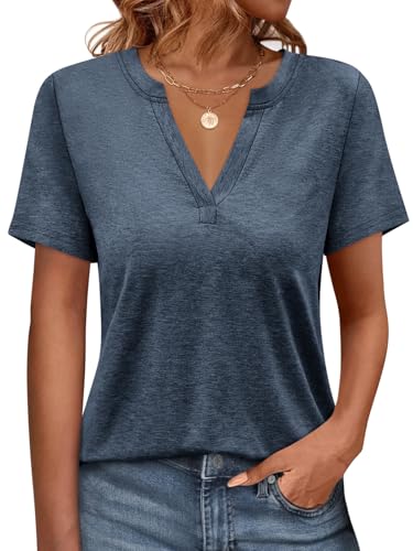 Onsoyours Tshirt Damen V-Ausschnitt Kurzarm T-Shirts Sommer Oberteile Locker Basic Shirt A Dunkelblau XXL von Onsoyours