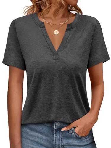 Onsoyours Tshirt Damen V-Ausschnitt Kurzarm T-Shirts Sommer Oberteile Locker Basic Shirt A Dunkelgrau XXL von Onsoyours