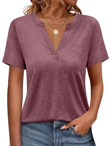 Onsoyours Tshirt Damen V-Ausschnitt Kurzarm T-Shirts Sommer Oberteile Locker Basic Shirt A Weinrot M von Onsoyours