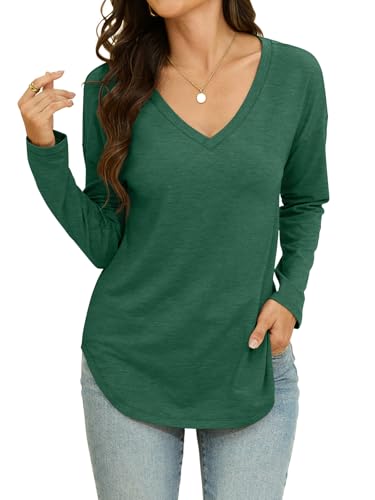 Onsoyours Tshirt Damen V-Ausschnitt Langarm Pullover Herbst Oberteile Casual Longshirt Basic Shirt Tops A Dunkelgrün S von Onsoyours