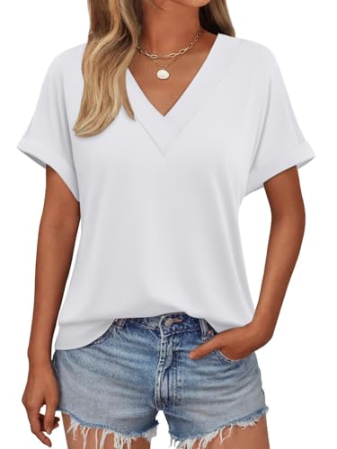 Onsoyours Tshirt Damen V-Ausschnitt Sommer Oberteile Locker Kurzarm T-Shirt Basic Shirts A Weiß M von Onsoyours