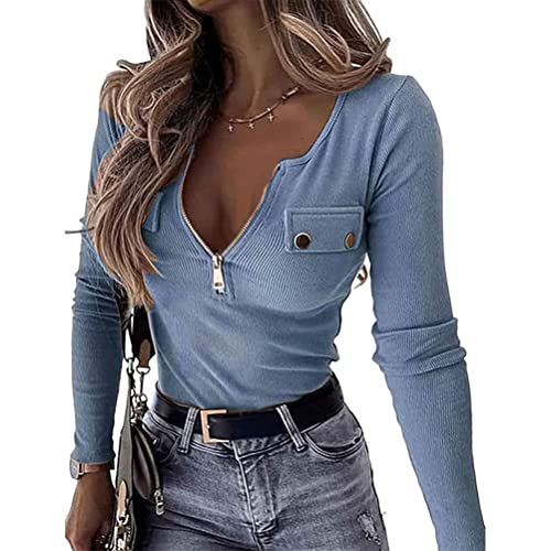 Onsoyours Oberteile Damen Langarm Tshirt V-Ausschnitt Reißverschluss Stretch Pullover Gerippt Langarmshirts Ribbed Tops Basic Shirt B Blau S von Onsoyours