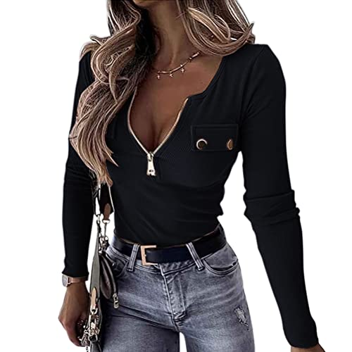 Onsoyours Oberteile Damen Langarm Tshirt V-Ausschnitt Reißverschluss Stretch Pullover Gerippt Langarmshirts Ribbed Tops Basic Shirt B Schwarz XS von Onsoyours
