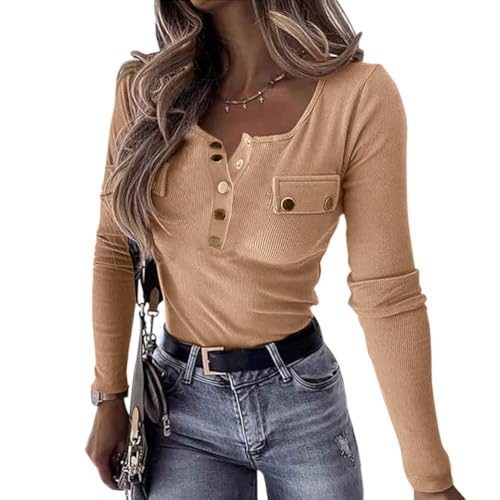 Onsoyours Tunika Damen Oberteile T-Shirt Langarm V-Ausschnitt Henley Hemden Knopfleiste Shirt Elegante Einfarbig Langarmshirts Blusen Tops C Khaki S von Onsoyours