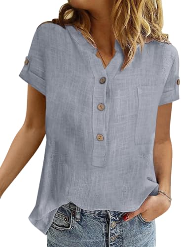 Onsoyours Tunika Damen Sommer Elegant Baumwolle Leinen Hemd Kurzarm Oberteile V-Ausschnitt Button-Down Blusen Casual Hemdbluse Damen Basic Revers Shirts Tunika Tops A Grau M von Onsoyours