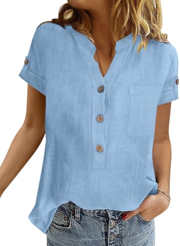 Onsoyours Tunika Damen Sommer Elegant Baumwolle Leinen Hemd Kurzarm Oberteile V-Ausschnitt Button-Down Blusen Casual Hemdbluse Damen Basic Revers Shirts Tunika Tops A Hellblau XL von Onsoyours