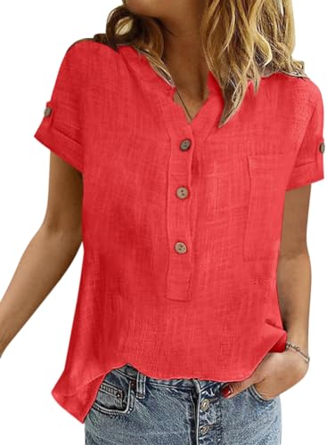Onsoyours Tunika Damen Sommer Elegant Baumwolle Leinen Hemd Kurzarm Oberteile V-Ausschnitt Button-Down Blusen Casual Hemdbluse Damen Basic Revers Shirts Tunika Tops A Rot XXL von Onsoyours