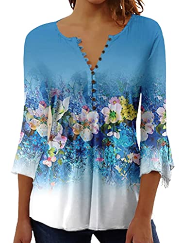 Onsoyours Tunika Damen Tshirt Casual Langarm V-Ausschnitt Longshirt Knopfleiste Shirt Lockere Blusen Oberteile Sommer E Blau XXL von Onsoyours