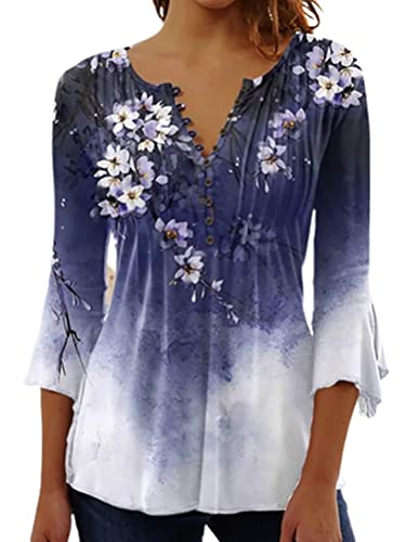 Onsoyours Tunika Damen Tshirt Casual Langarm V-Ausschnitt Longshirt Knopfleiste Shirt Lockere Blusen Oberteile Sommer E Violett XXL von Onsoyours