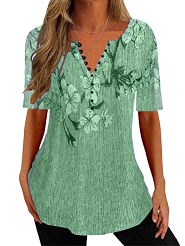 Onsoyours Tunika Damen Tshirt Casual Langarm V-Ausschnitt Longshirt Knopfleiste Shirt Lockere Blusen Oberteile Sommer G Grün 3XL von Onsoyours