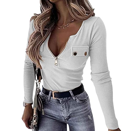 Onsoyours Oberteile Damen Langarm Tshirt V-Ausschnitt Reißverschluss Stretch Pullover Gerippt Langarmshirts Ribbed Tops Basic Shirt B Weiß M von Onsoyours