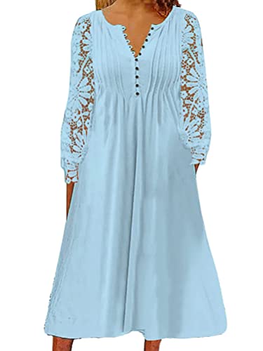 Onsoyours Tunika Kleid Spitzenkleid Sommerkleid Boho Damen Casual Retro Knielang Kleider Schulterfrei Langarm A-Linie Kleider Strandkleid Lockeres Blumenmuster Freizeitkleider Z0 Blau L von Onsoyours