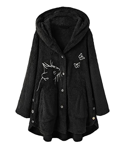 Onsoyours Übergroße Kawaii Hoodie with Katzen Ears Plüschjacke Weiche Lang Decke Sweatshirt Langarm Teddy Fleece Pullover mit Tasten Herbst Winter Fleecejacke Kapuzenpullover D Schwarz L von Onsoyours