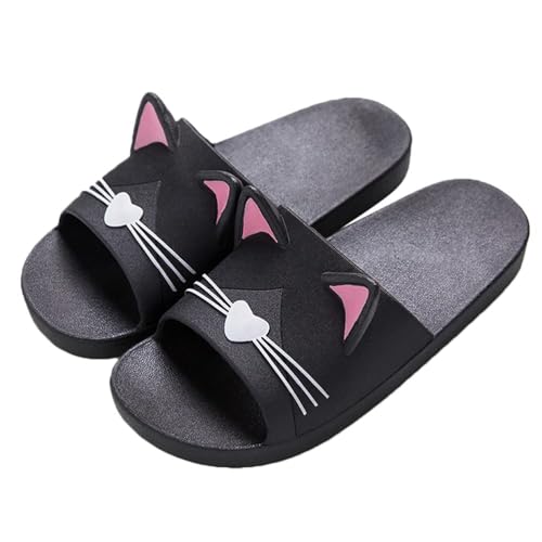 Onsoyours Unisex Badeschuhe Rutschfest Pantoffeln Sandalen Badezimmer Flache Süße Katze Strand Home Slippers für Herren Damen Schwarzes Rosa 38/39 EU von Onsoyours